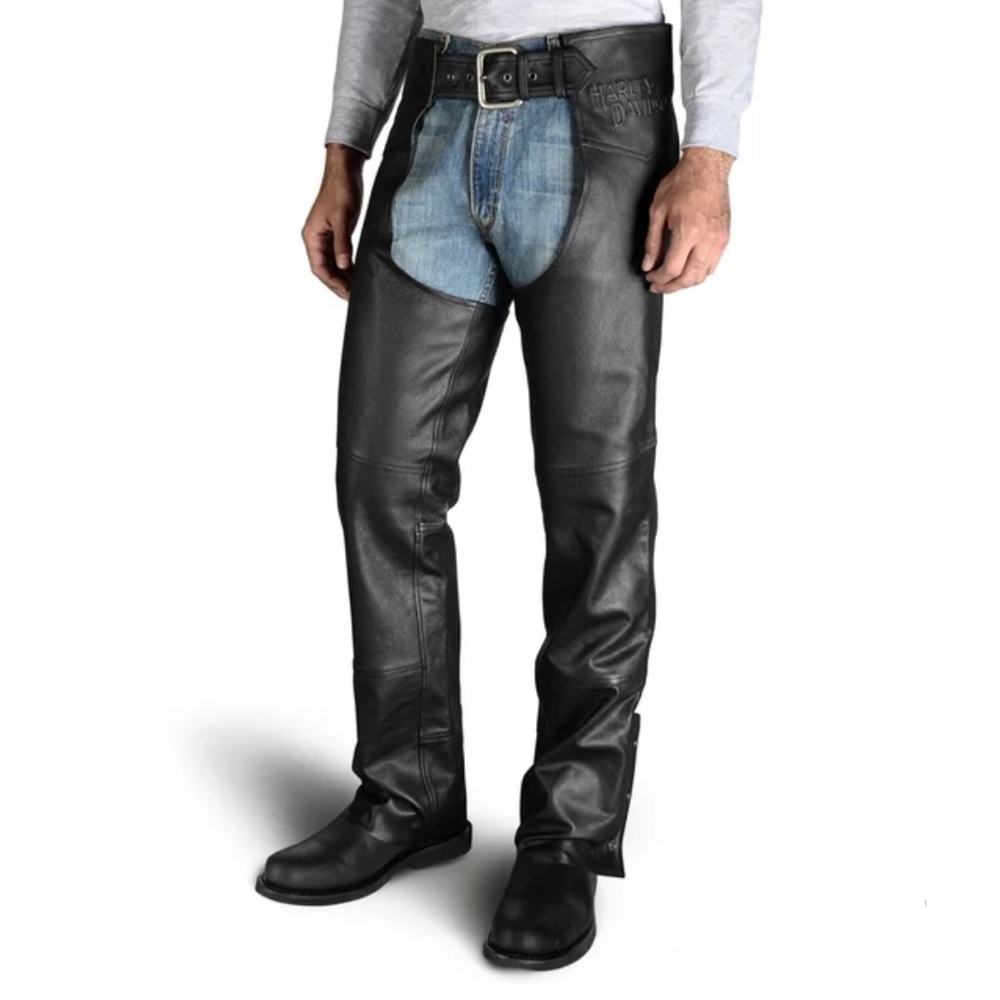 Harley Davidson leather chaps with zipper and snap closure